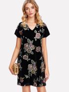 Romwe Flower Print Velvet Tunic Dress
