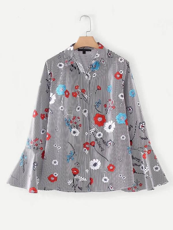 Romwe Floral Print Flounce Sleeve Striped Blouse
