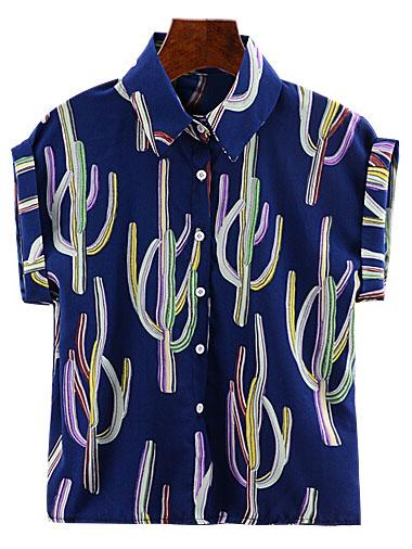 Romwe Lapel Bat Sleeve Tree Print Blue Blouse