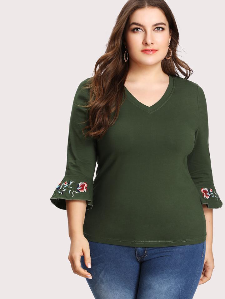 Romwe Flower Embroidery Flounce Cuff Tee