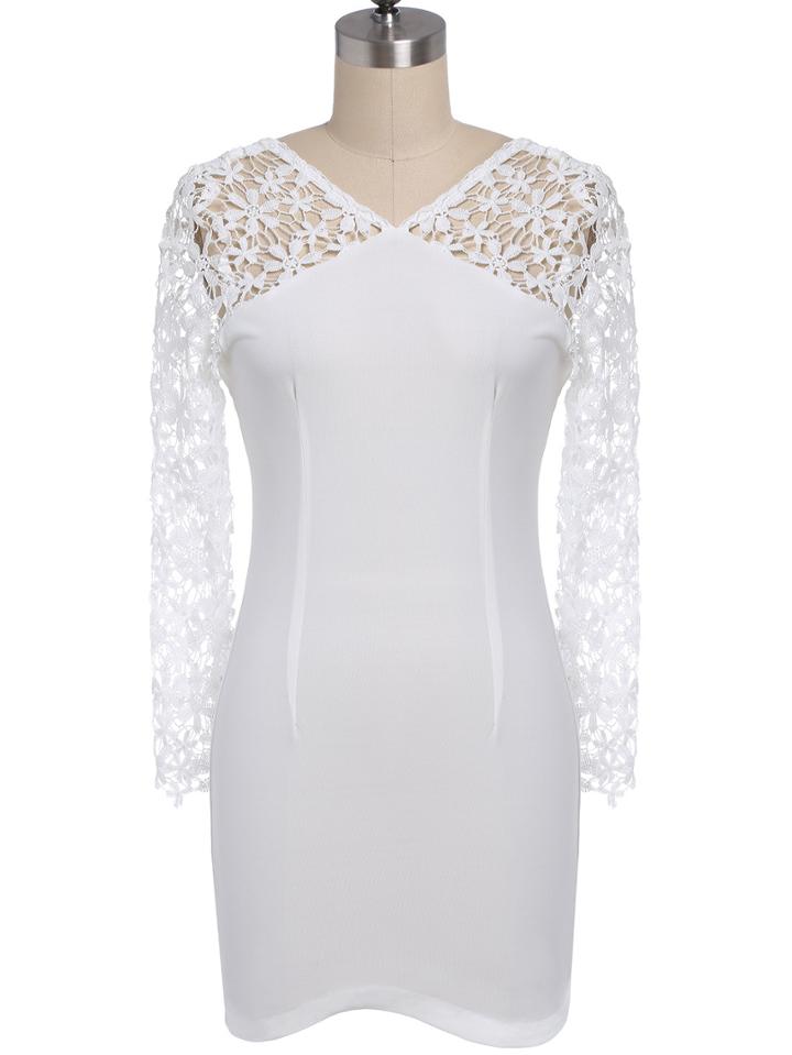 Romwe V Neck Lace Insert Hollow Out Bodycon Dress
