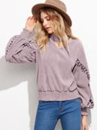 Romwe Pink Lantern Sleeve Elastic Hem Pompom Detail Top