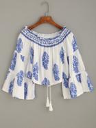 Romwe White Random Print Off The Shoulder Tiered Sleeve Top