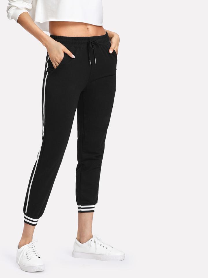 Romwe Contrast Striped Trim Drawstring Waist Pants