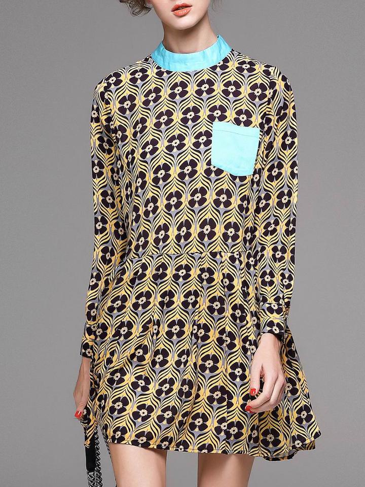 Romwe Blue Pockets Clover Print A-line Dress