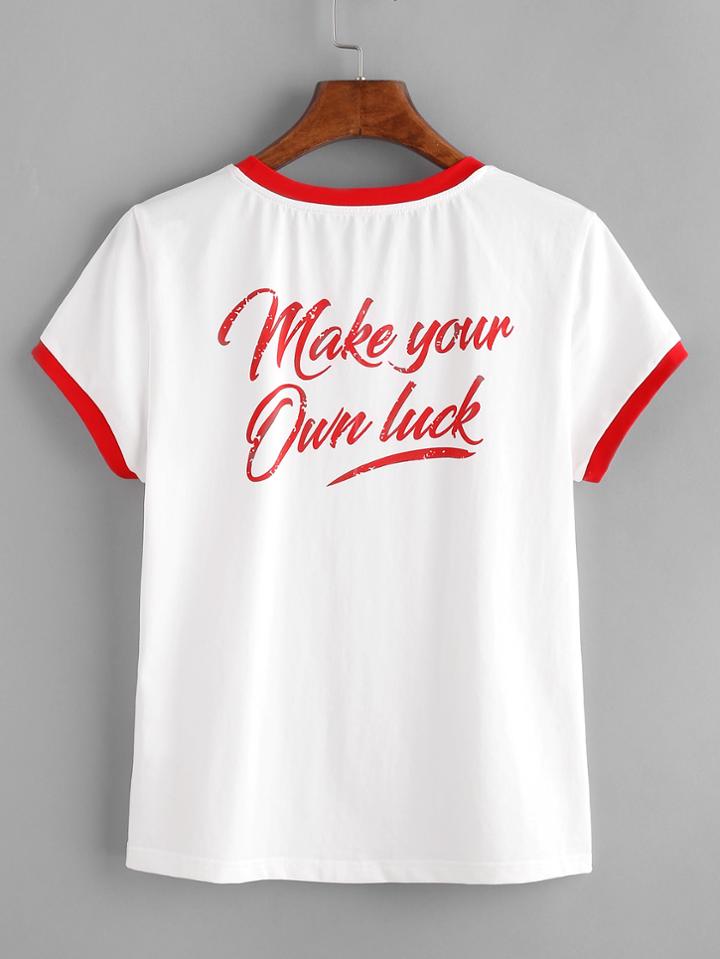 Romwe Make Your Own Luck Ringer Tee