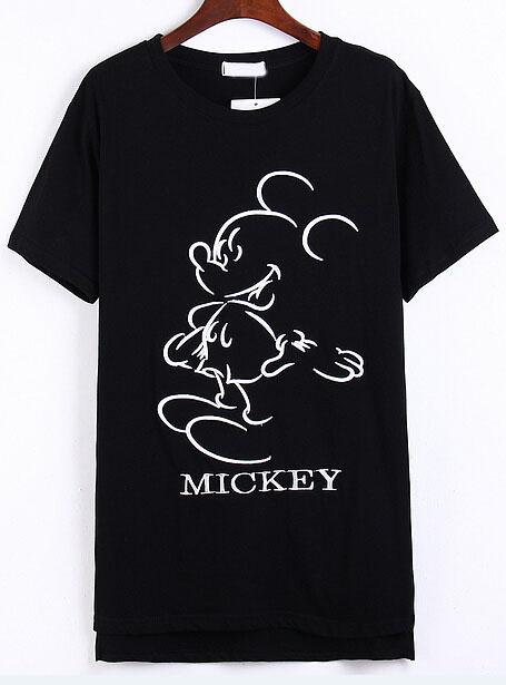 Romwe Mickey Embroidered Black T-shirt