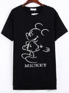 Romwe Mickey Embroidered Black T-shirt