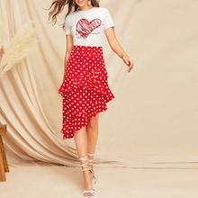 Romwe Ruffle Trim Asymmetrical Hem Polka Dot Skirt