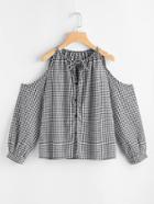 Romwe Open Shoulder Knot Front Gingham Blouse