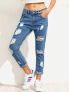 Romwe Blue Ripped Straight Jeans