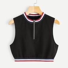 Romwe Striped Panel Zip Detail Top