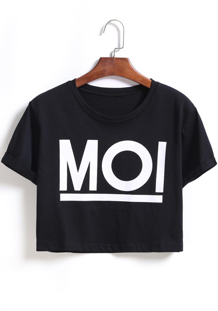 Romwe Black Short Sleeve Moi Print Crop T-shirt