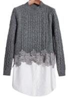 Romwe Grey Stand Collar Cable Knit Contrast Sweater