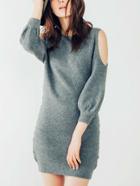Romwe Round Neck Open Shoulder Grey Sweater Dress