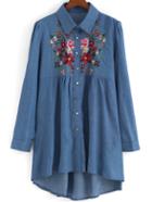 Romwe Lapel Flower Embroidered High Low Dress