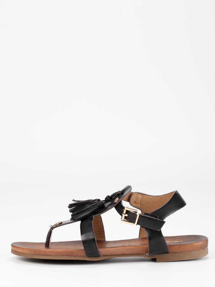 Romwe Black Fringe Flip Flat Sandals