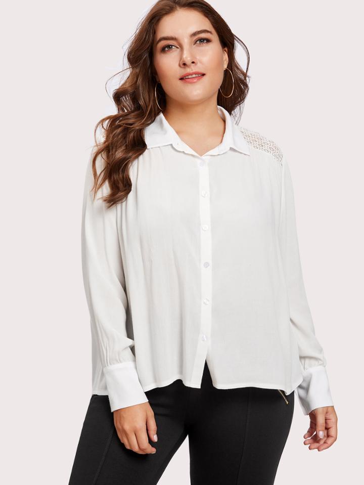 Romwe Circle Lace Shoulder Solid Blouse