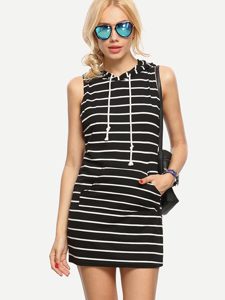Romwe Black White Striped Sleeveless Hooded Dress