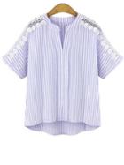 Romwe Lace Insert High-low Vertical Striped Blouse