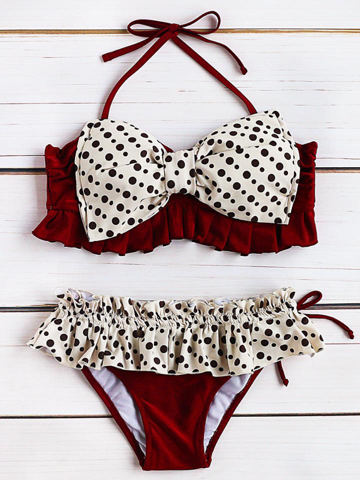 Romwe Red Polka Dot Ruffle Detail Bikini Set With Bow