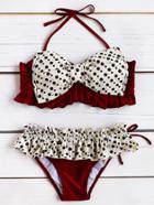 Romwe Red Polka Dot Ruffle Detail Bikini Set With Bow