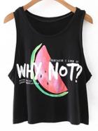Romwe Black Sleeveless Letters Watermelon Print T-shirt