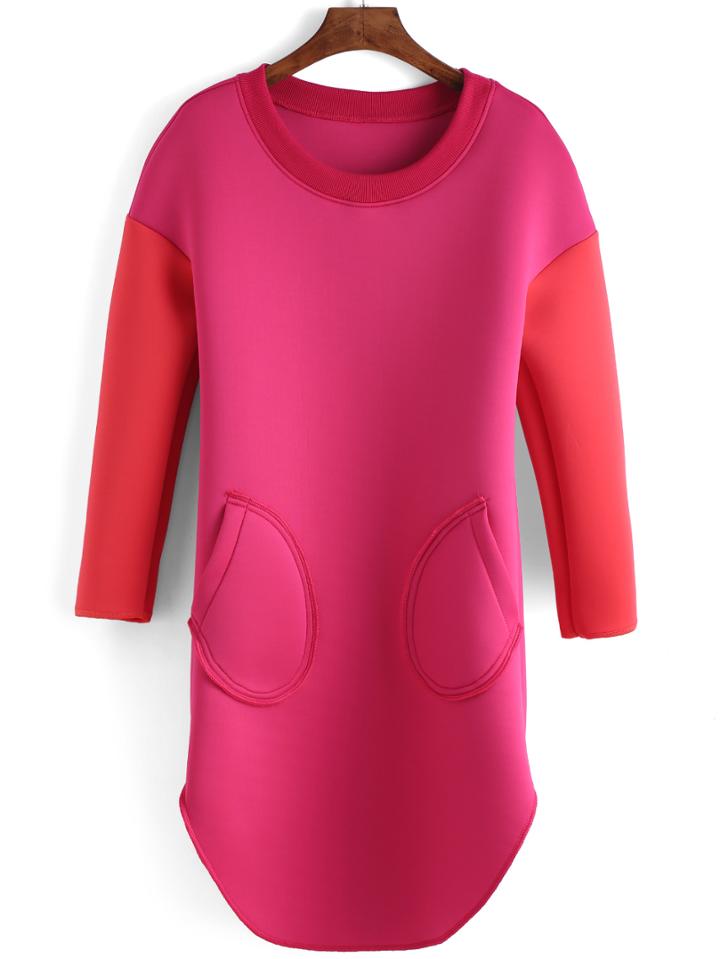 Romwe Contrast Sleeve Pockets Rose Red Dress