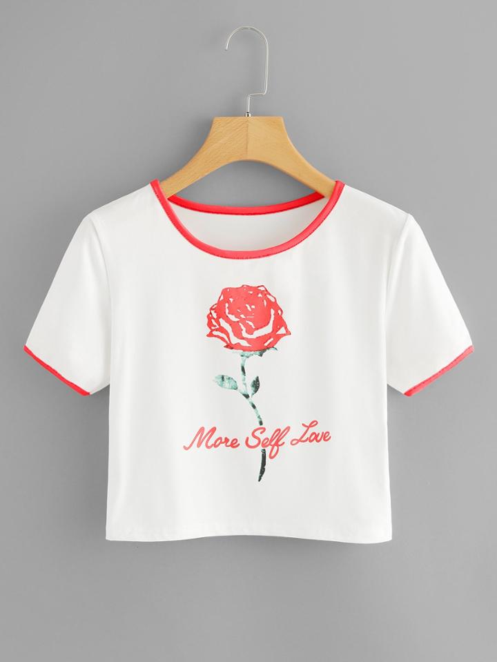 Romwe Rose Print Crop Ringer Tee
