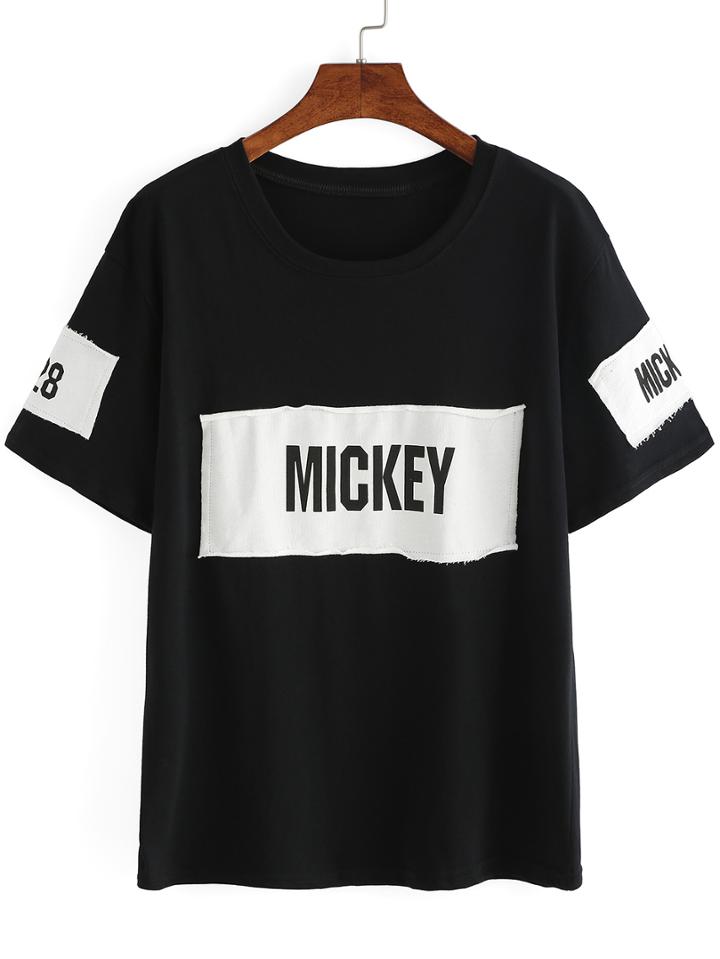 Romwe Black Letters Print Patch T-shirt