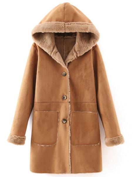 Romwe Khaki Hooded Single Breasted Pockets Coat