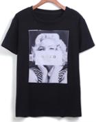 Romwe Marilyn Monroe Print Black T-shirt