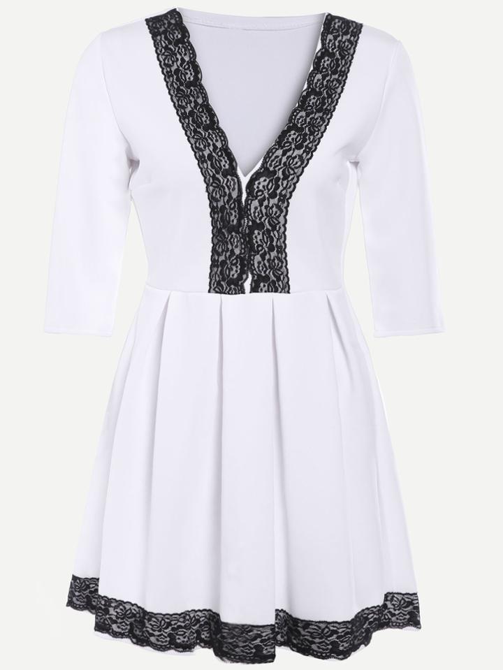 Romwe White Contrast Lace V Neck Pleated Dress