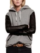 Romwe Grey Pu Sleeve Pocket Hooded Sweatshirt