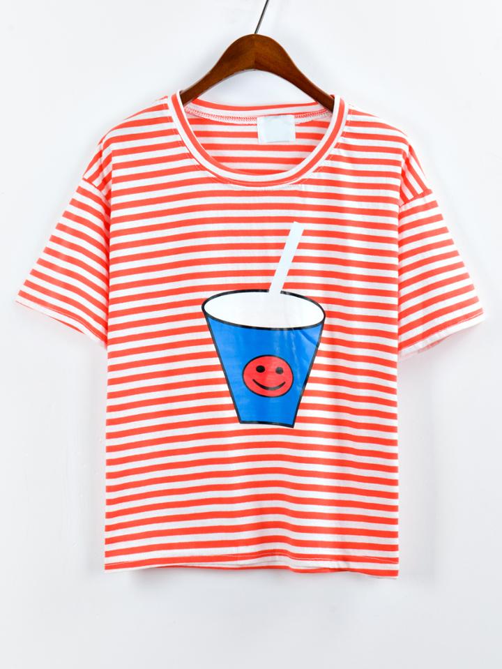 Romwe Drink Cup Print Striped T-shirt - Orange