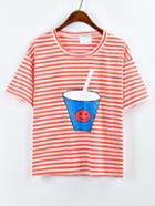 Romwe Drink Cup Print Striped T-shirt - Orange