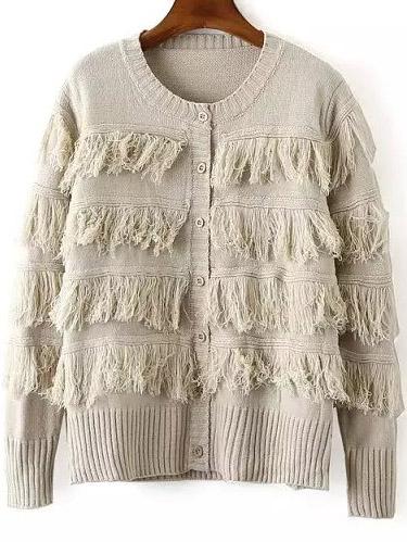 Romwe Round Neck Tassel Button-down Beige Cardigan