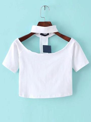 Romwe White Cutout Choker Neck Crop T-shirt