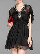 Romwe Black V Neck Beading Sheer A-line Dress