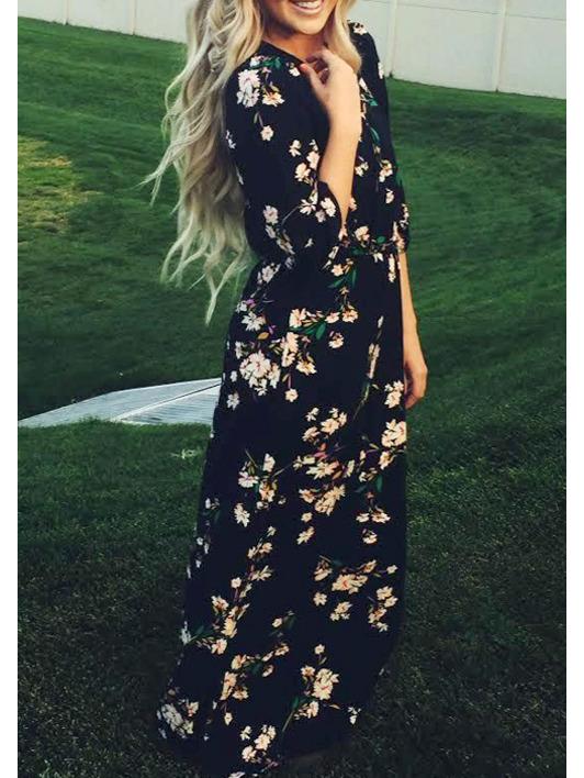 Romwe Navy Long Sleeve Floral Maxi Dress