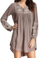 Romwe Coffee Embroidered Pleated Front Tunic Dress