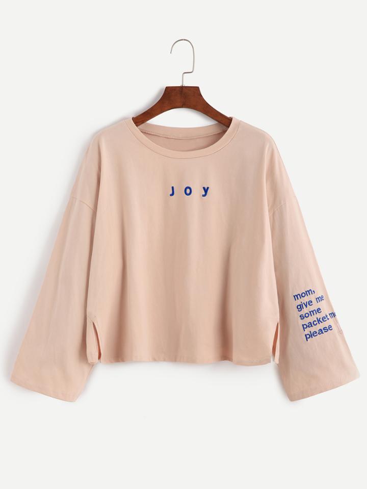 Romwe Pink Sentence Embroidered Drop Shoulder Slit Side T-shirt