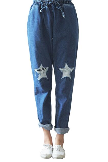 Romwe Star Distressed Drawstring Casual Loose Jeans