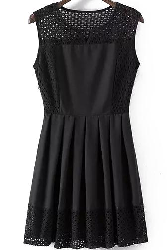 Romwe V Cut Lace Hollow Pleated Dress