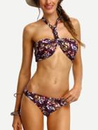 Romwe Flower Print Cross Halter Bikini Set