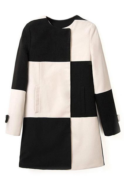 Romwe Black-white Check Long Sleeve Woolen Coat