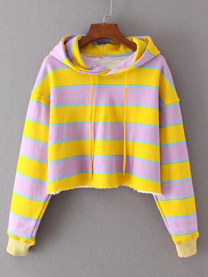 Romwe Block Striped Frayed Edge Hoodie