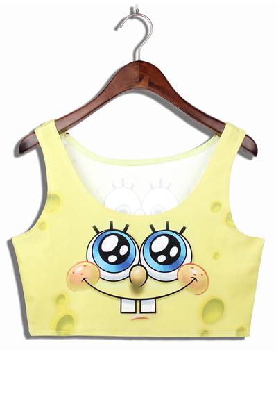 Romwe Yellow Spongebob Print Crop Vest