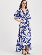 Romwe Flower Print Flutter Sleeve Surplice Wrap Dress