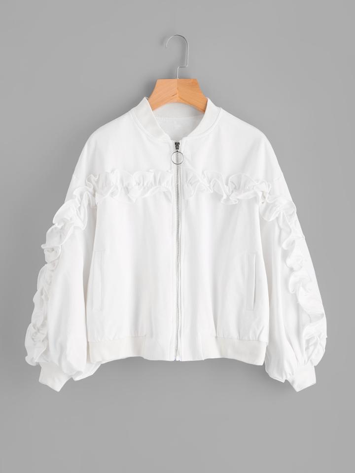 Romwe Shirred Ruffle Trim Jacket